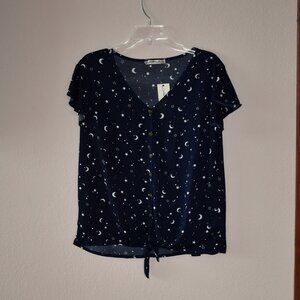 All in Love Women's Blue Celestial Cap Sleeve Button-Up Knot Front Top Size L